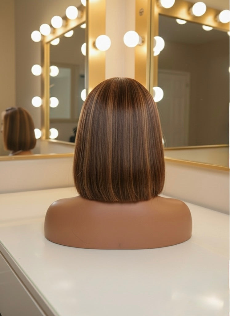 Malaysian Straight Honey Blonde Highlight Bob- Ready to Wear Wig-Back View