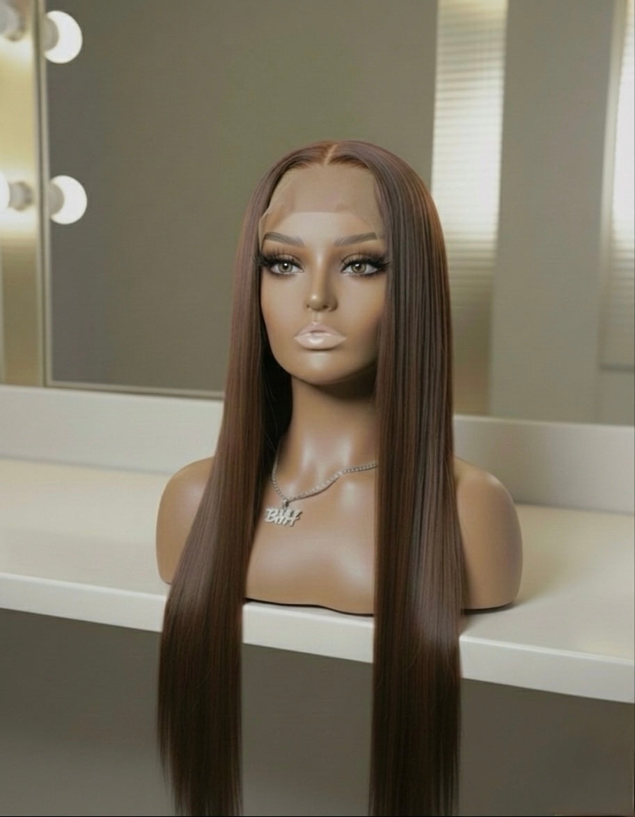 Malaysian Long Chocolate Straight- Ready to Wear Wig-Front View
