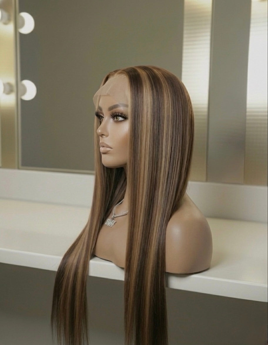 Malaysian Long Honey Blonde Highlight Straight- Ready to Wear Wig-Side View