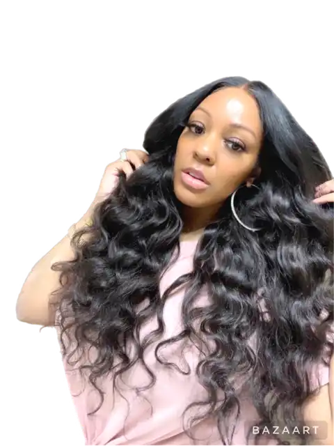 Long, flowing black hair with loose wavy curls styled in a glamorous manner.